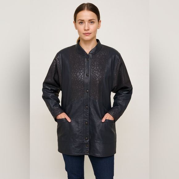 Vtg Oscar Leopold Deep Navy Animal Print Panels Retro Genuine Leather Jacket P/S - Picture 11 of 11